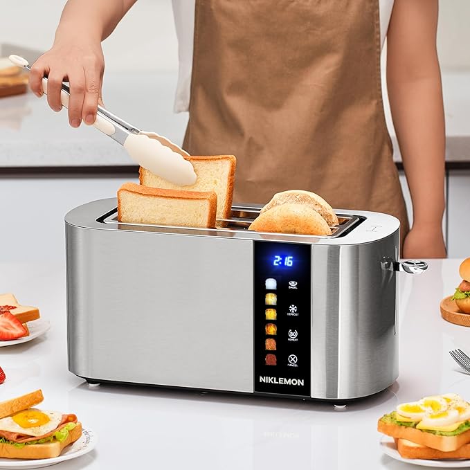 4 Slice Toaster NIKLEMON Full Stainless Steel Toaster with LED Display Touch Buttons with Long Extra Wide Slots Bagel Defrost Reheat Cancel Functions Removable Crumb Tray 1300W