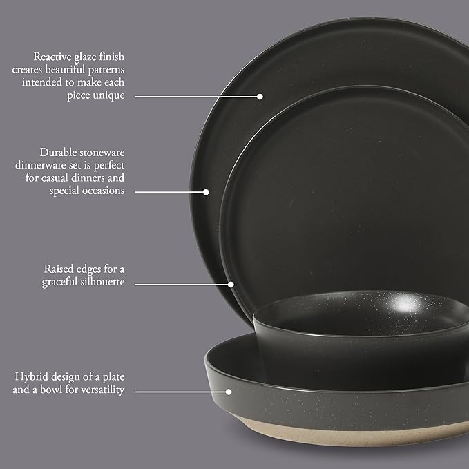 Gibson Elite Overbrook 16-Piece Pottery Clay Stoneware Dinnerware Set – Black Reactive Glaze Stackable Plates and Bowls W/Pasta Bowl Service for 4 – Microwave &amp Dishwasher Safe