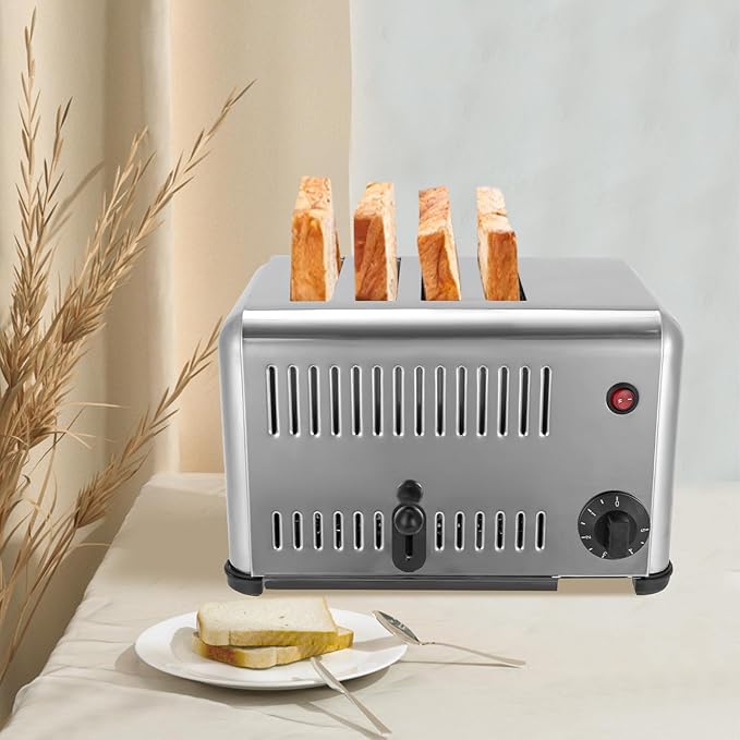 4-Slice Toaster Stainless Steel Pop-up Bread Baking Machine 110V 1650W Commercial Bread Toaster with Timing Function and Rubber Foot Pad for Restaurant Home Bakery Silver