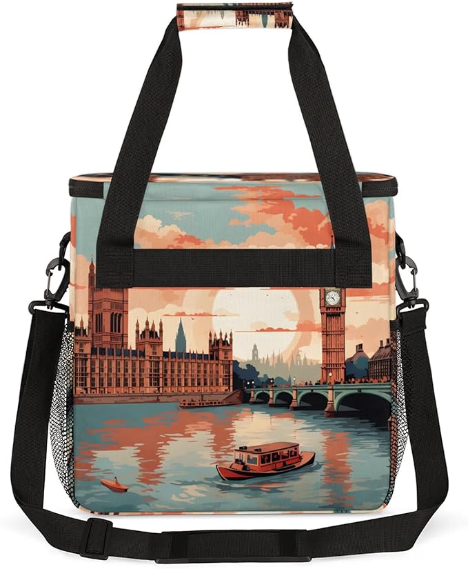 City Landscape Coffee Maker Travel Bag for Keurig K-Mini/K-Mini Plus Insulated Waterproof Tote with Pockets for K-Cup Portable Single-Serve Brewer Case