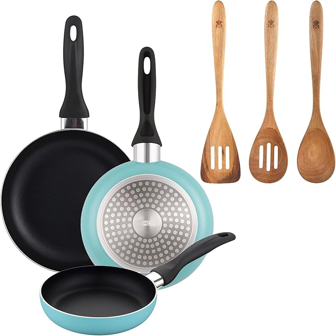 Well Home Set of 3 Pans Diameter 16 x 20 x 24 cm Made of Pressed Aluminium in Matte Blue + 3-Piece Acacia Cookware Set