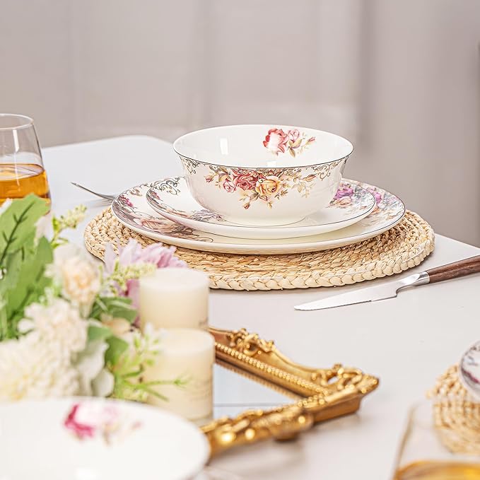 Dinnerware Sets Plates Set with Bowls Artistic 12-Piece Ceramic Dinnerware for Home Restaurant Chip and Scratch Resistant Microwave and Dishwasher Safe Rose Collection