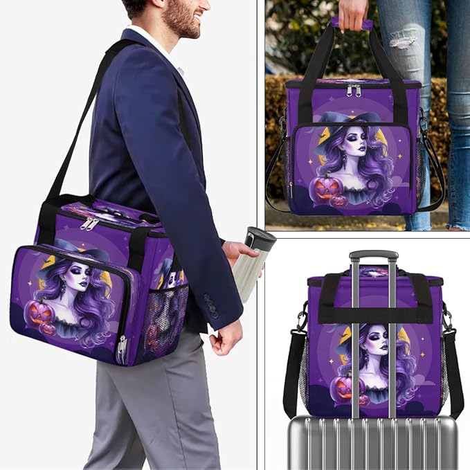 Halloween Witch Pumpkin Moon Coffee Maker Carring Bag Travel Carrying Storage Tote Bag Compatible with Keurig K-Mini or K-Mini Plus Portable Single Serve Coffee Brewer Case with Pockets
