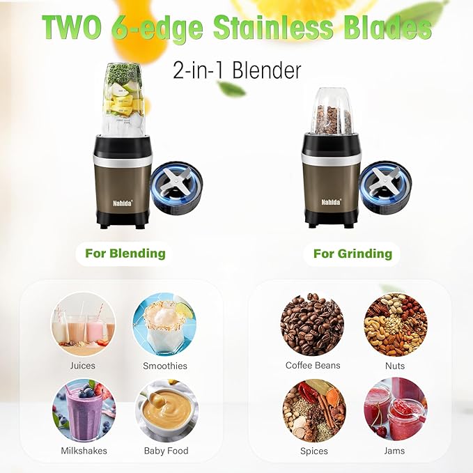 Nahida Blender for Smoothies 1200W Smoothie Blender for Ices Crushing Blenders with (2) 6-Fin Blades Personal Blenders for Kitchen with 23oz 32oz 37oz Easy Go Cups for Juices 1200W Brown