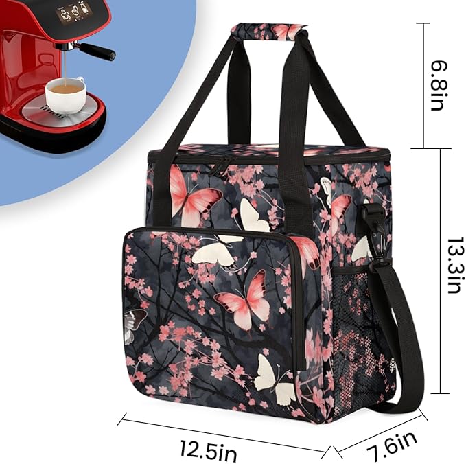 Abstract Butterfly Coffee Maker Carrying Bag Artistic Butterfly Travel Storage Bag Compatible with K-Mini or K-Mini Plus Single Serve Coffee Brewer Carrying Case with Pockets &amp Shoulder Strap