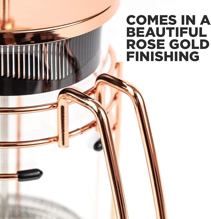 French Press and Tea Maker - 1000ml Coffee Maker Press - Premium Coffee Press with Rose Gold Finish - Thick Glass and Stainless Steel Coffee Brewer - French Press Coffee Maker for Tea Latte Expresso