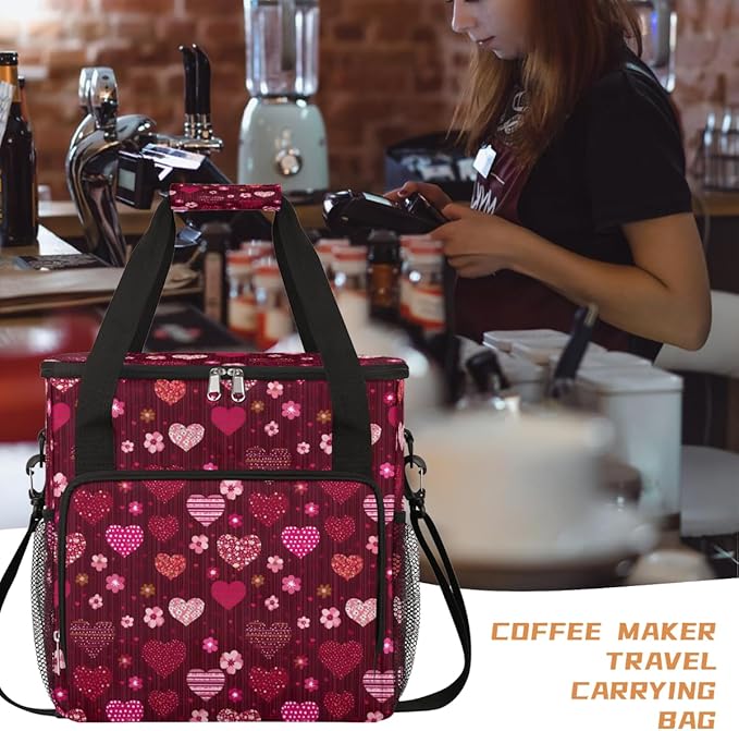 Valentine's Day Heart Flowers Coffee Maker Carrying Bag Coffee Machine Travel Storage Bag Compatible with K-Mini or K-Mini Plus Portable Single Serve Coffees Brewer Case with Pockets for K-Cup Pods