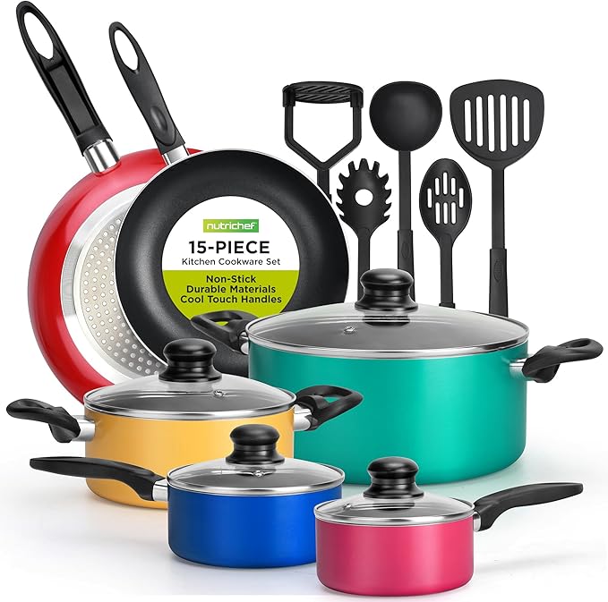 NutriChef 15-Piece Colorful Pots and Pans Set - Heat Resistant Lacquer Cookware Set with Saucepot Frying Pans Oven Pot Lids Utensil set - All Cooktop Compatible Including Induction