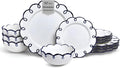 Sango 12-Piece Earthenware Dinnerware Set for 4 Glossy White Plates and Bowls Sets with Navy Scalloped Rims Premium Dish Set Dishes for Hosting Parties Birthday &amp Wedding Gifts Splash of Chee