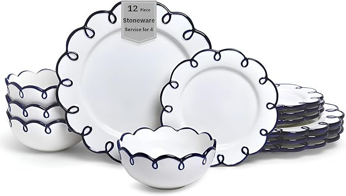 Sango 12-Piece Earthenware Dinnerware Set for 4 Glossy White Plates and Bowls Sets with Navy Scalloped Rims Premium Dish Set Dishes for Hosting Parties Birthday &amp Wedding Gifts Splash of Chee