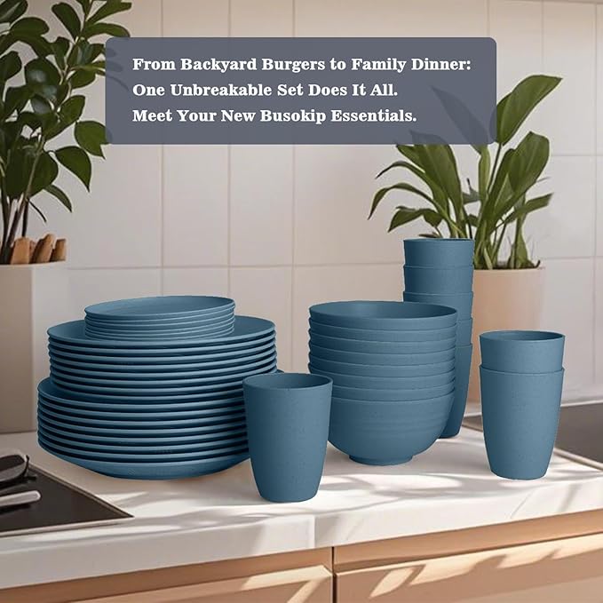 Wheat Straw Dishes Set 40 PCS Unbreakable Dinnerware Set of 8 - Dinner Plates Cereal Bowls Water Cup Lightweight Reusable Microwave &amp Dishwasher Safe Bowls for Kitchen and Outdoor - Blue