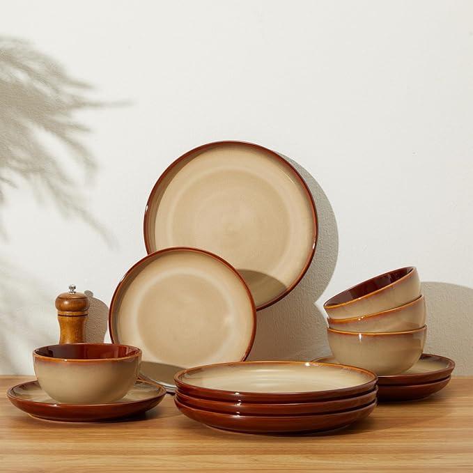 Double Bowls Dinnerware Sets 16 Pieces Brown Yellow