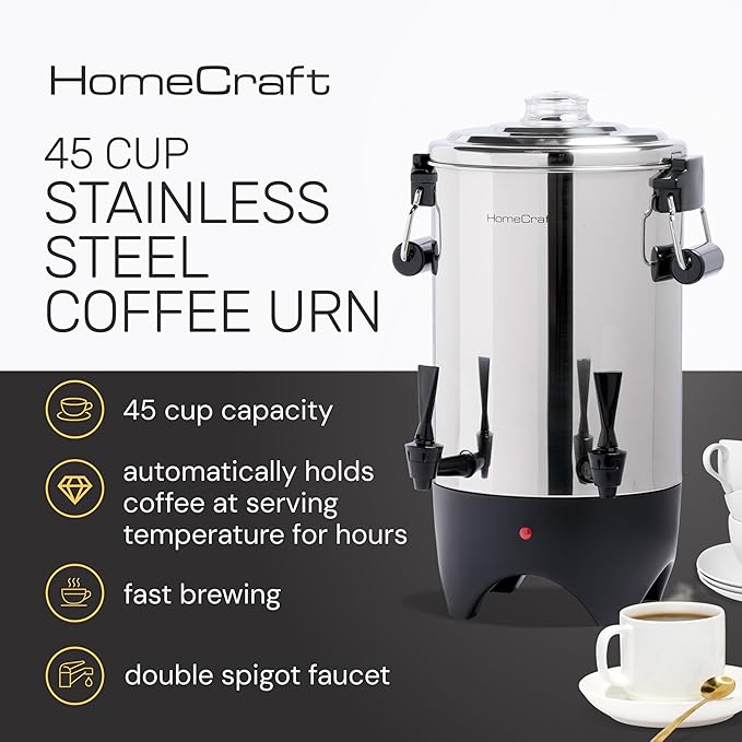HomeCraft 45-Cup Coffee Urn and Hot Beverage Dispenser with Double Dripless Faucet Quick-Brewing Stainless Steel