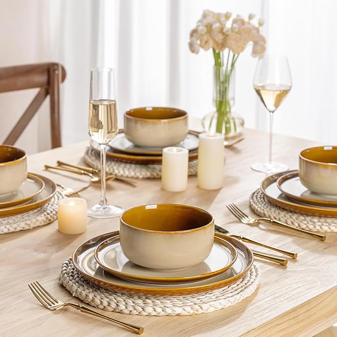 LERATIO Ceramic Dinnerware Sets for 8Plates and Bowls SetsReactive Glaze Dishes SetHighly Chip and Crack Resistant | Dishwasher &amp Microwave &amp Oven Safe Dishes setService for 8-Kahki (24pc)