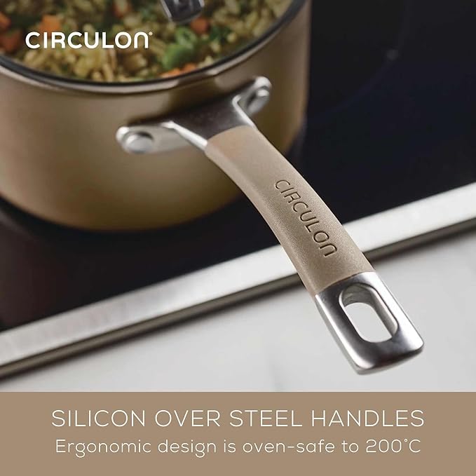 Circulon A1 Series with ScratchDefense Technology Nonstick Induction Pots and Pans Metal Utensil Safe Includes Splatter Guard Slotted Turner and Silicone Trivets 10 Piece Cookware Set - Champagne