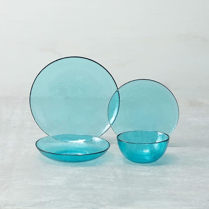 Fortessa Los Cabos Glass Dinnerware Collection Coupe Entrée Bowl (Set of 4) 8.6 Inch/25oz Lagoon Blue