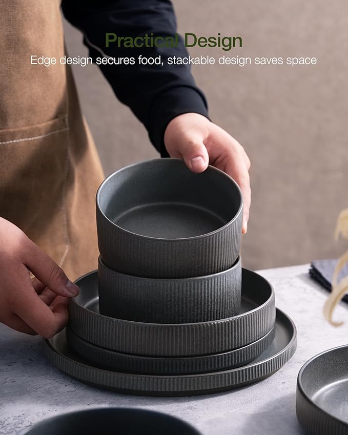 Famiware Star Plates and Bowls Sets Modern Stoneware Dinnerware Sets for 8 24-Piece Kitchen Dish Set - Microwave and Dishwasher Safe Chip and Scratch Resistant Matte Dark Charcoal