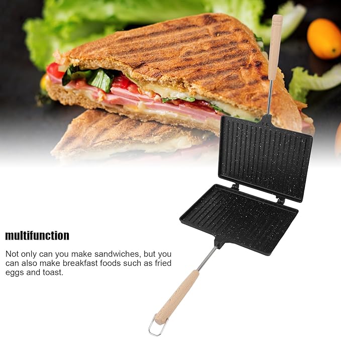 Non Stick Hand Maker Multifunctional Double Sided Toaster with Removable Wooden Handle Ideal for Home Breakfast