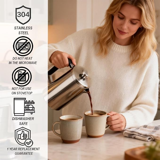 Samll French Press Coffee Maker 21OZ Stainless Steel 600ml Coffee Press with Black Handle for Personal Office TravelCamping (Sanding Silver 1-3 Cups)