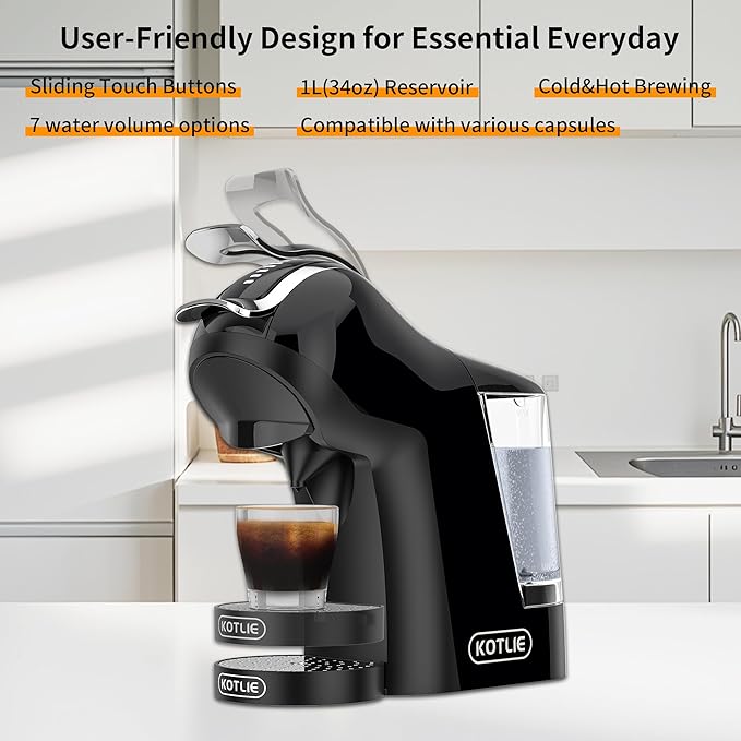 KOTLIE Single Cup Coffee Maker Multi Capsule Machine Compatible With Various Capsule Types 4 Temperature Settings 7 Water Volume Levels19 Bar(Glossy Black)