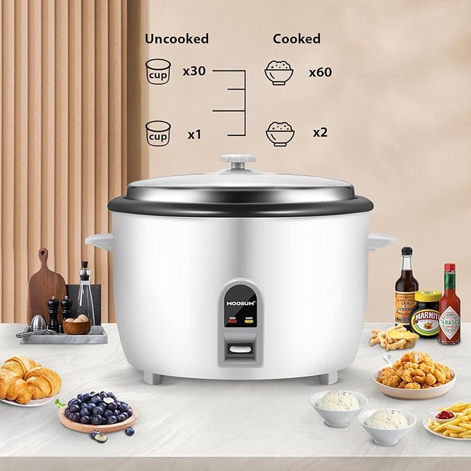 Commercial Rice Cooker Large Capacity 30-Cup (UnCooked) 60-Cup (Cooked) with One Touch Operation and 12-Hour Keep Warm Easy to Use and clean 1600W White