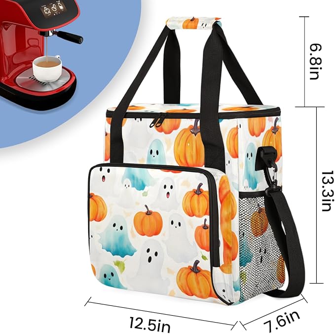 Pumpkin Halloween Ghosts Coffee Maker Carrying Bag Travel Storage Bag Compatible with K-Mini or K-Mini Plus Single Serve Coffee Brewer Carrying Case with Multiple Pockets &amp Shoulder Strap