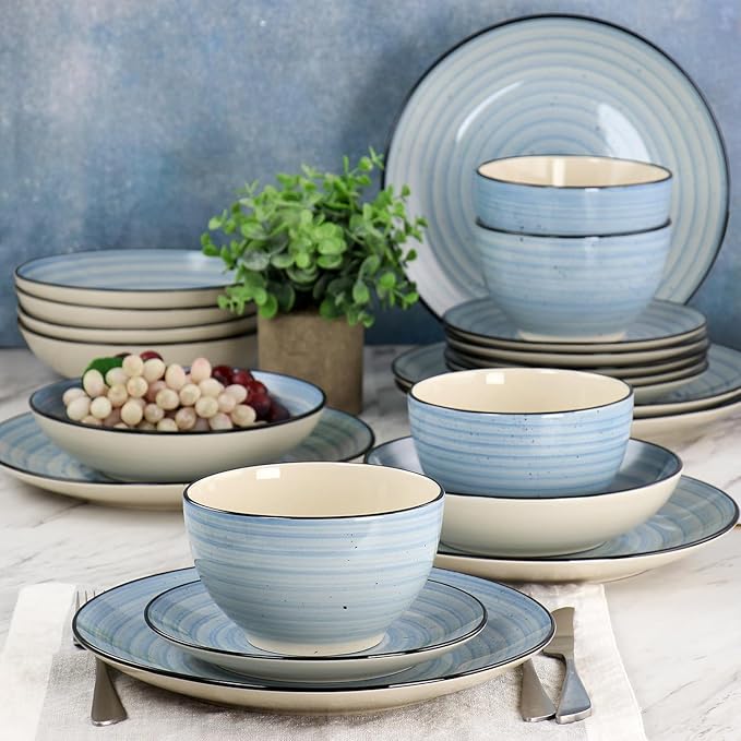 24-Piece Stoneware Dinnerware Set – Round Two-Tone Hand-Painted Dishes with Swirl Design Service for 6 Microwave &amp Dishwasher Safe Tableware (Light Blue)
