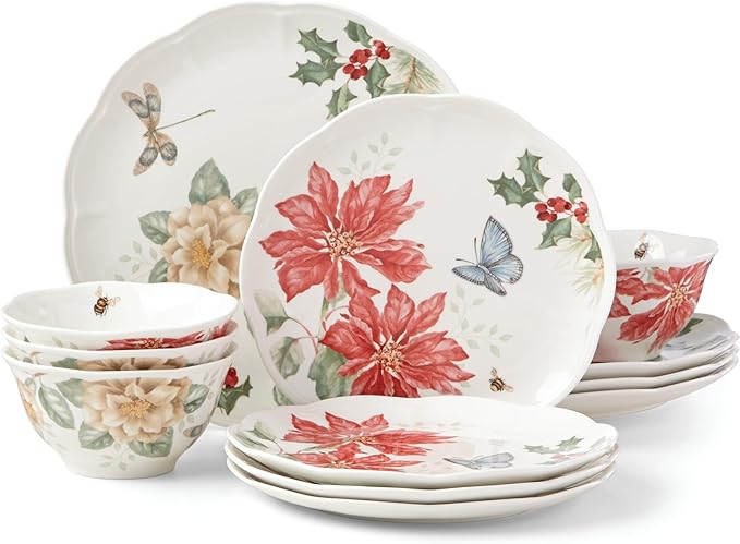 Lenox 884473 Butterfly Meadow Holiday 12-Piece Dinnerware Set Christmas Hosting