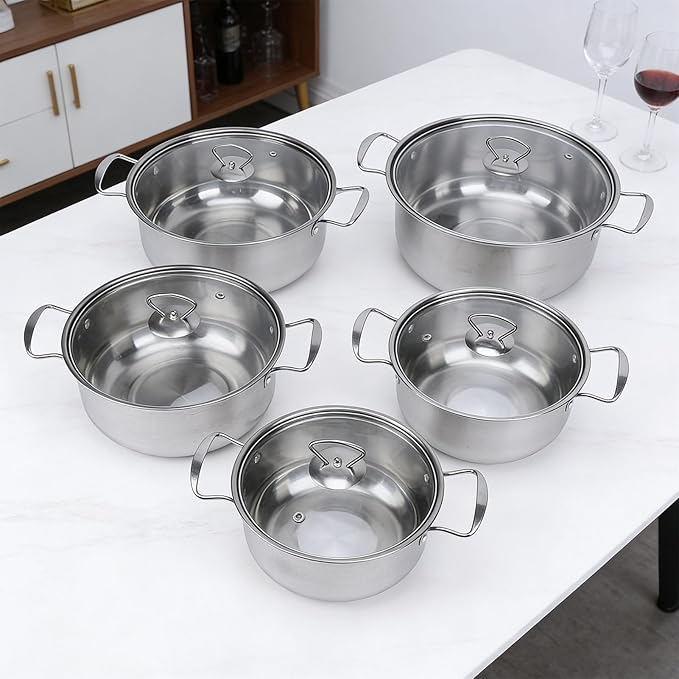 SUS Stainless Steel Cookware Set Kitchen Cooking Pots Set with Glass Lids for Everyday Cooking 18 to 26cm