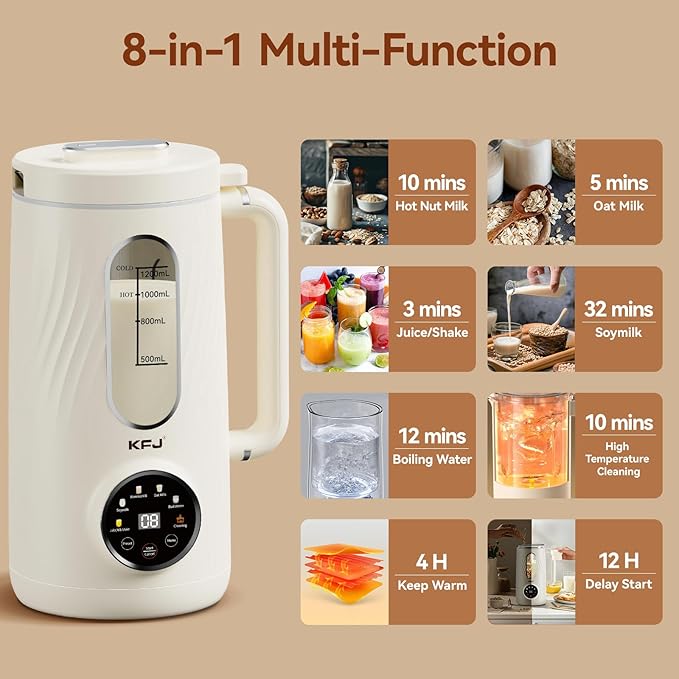 KFJ 8 in 1 Nut Milk Maker Machine 41oz Homemade Coconut Soy Oat Almond Plant Based Milks and Non-Dairy Beverages with Delay Start/Boil Water/Self-Cleaning White