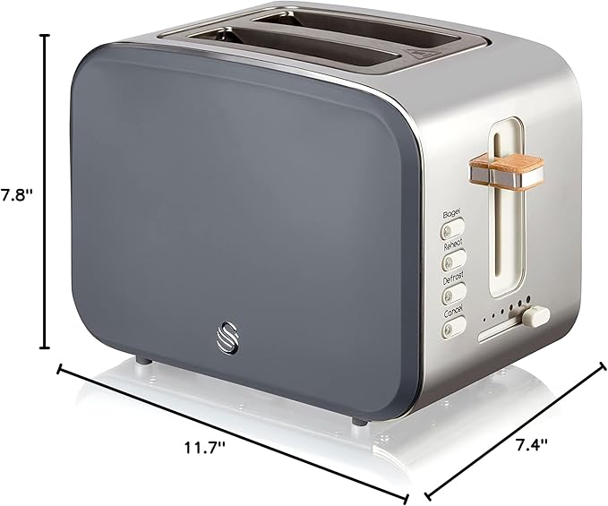 Swan Nordic Toaster 2 Slice with Extra Wide Slots for Bagels Waffles Breads Cancel Defrost and Bagel Function 6 Brown Settings Slate Grey (ST14610GRYN)