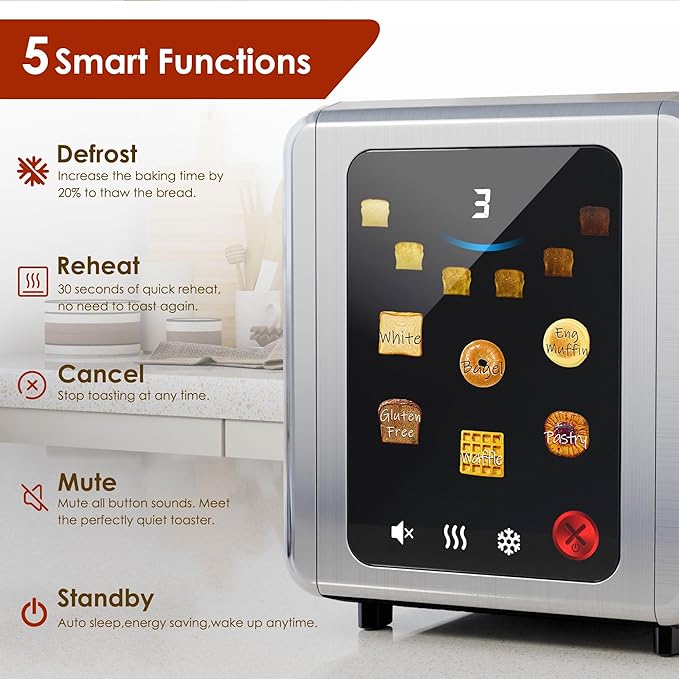 WHALL Full Touch Screen Toaster 2 Slice 1.5'' Wide Slot Stainless Steel Toaster with Digital Timer 6 Bread Types &amp 6 Shade Settings Crumb Tray Reheat/Defrost Smart Toasters for Bagels Silver