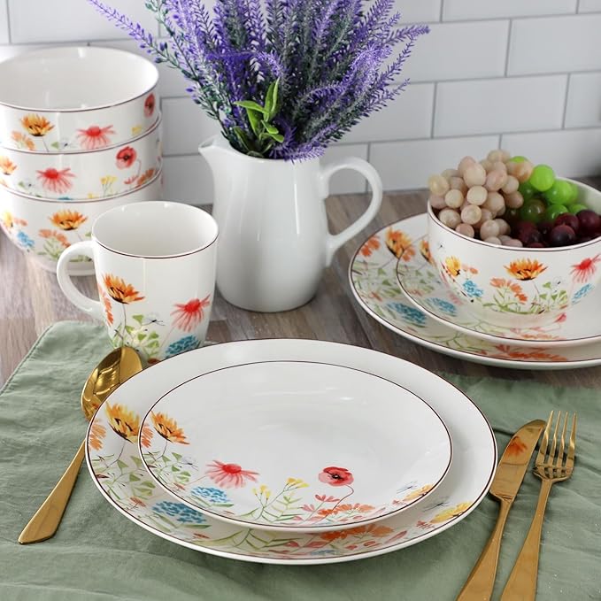 Wildflower Meadow 16 Piece Stoneware Dinnerware Set – White Dinner Plates with Floral Design Bowls and Mugs – Microwave &amp Dishwasher Safe