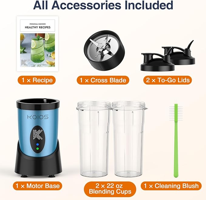 KOIOS Blender for Smoothies Peak 900W Personal Blender for Kitchen Shakes and Smoothies with 2×22oz Portable Cups and To-Go Lids Detachable 4-Leaf Stainless Steel Blade Nutrition Recipe Blue