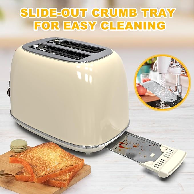Toaster 2 slice KitchMix Retro Stainless Steel Toaster with 6 Settings 1.5 In Extra Wide Slots Bagel/Defrost/Cancel Function Removable Crumb Tray (Cream)