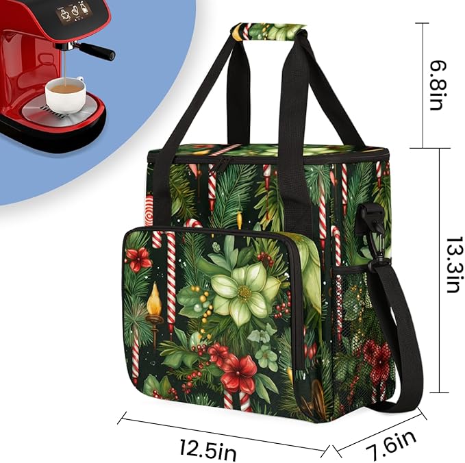 Christmas Flowers Coffee Maker Carrying Bag Gothic Flowers Travel Storage Bag Compatible with K-Mini or K-Mini Plus Single Serve Coffee Brewer Carrying Case with Multiple Pockets &amp Shoulder Stra