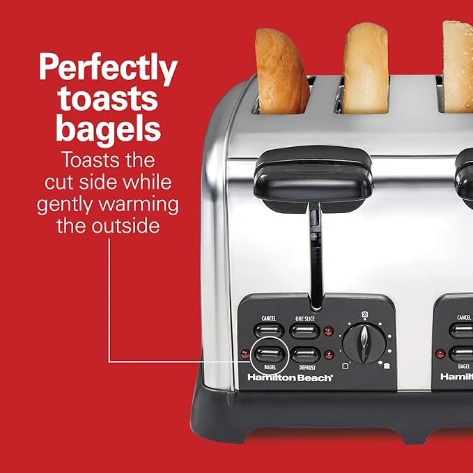 Hamilton Beach 24782 Retro Toaster with Wide Slots Sure-Toast echnology Bagel &amp Defrost Settings Auto Boost to Lift Smaller Breads 4 Slice Polished Stainless Steel