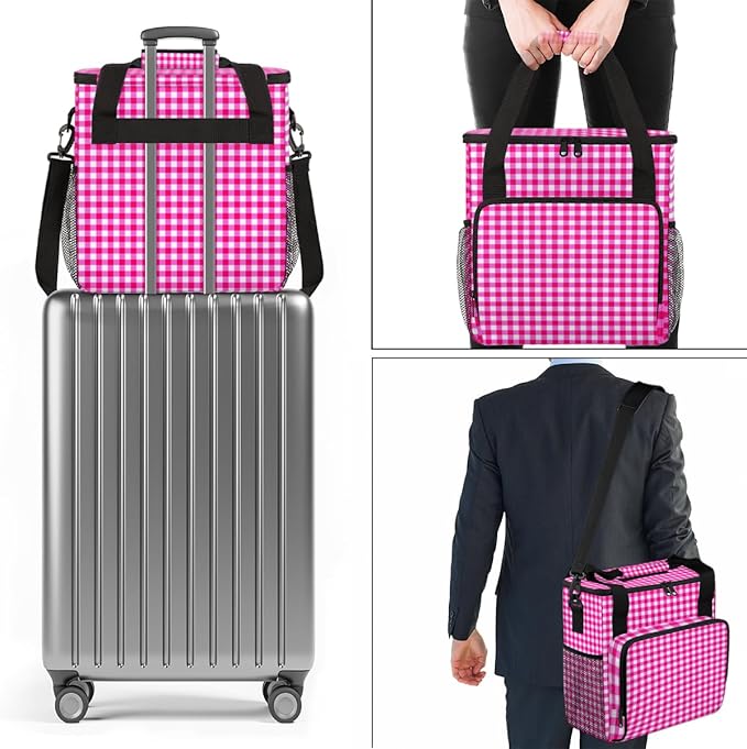 Flamingo Plaid Coffee Maker Carrying Bag Portable Travel Storage Tote Bag Compatible with K-Mini or K-Mini Plus Single Serve Coffee Brewer Carrying Case with Multiple Pockets &amp Shoulder Strap