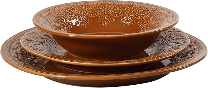 Retro Lace Ceramic Dinnerware Set 12-Piece Embossed Pattern Caramel Glaze Microwave &amp Dishwasher Safe for Daily Dining &amp Holiday Gatherings Includes Dinner &amp Salad Plates Bowls