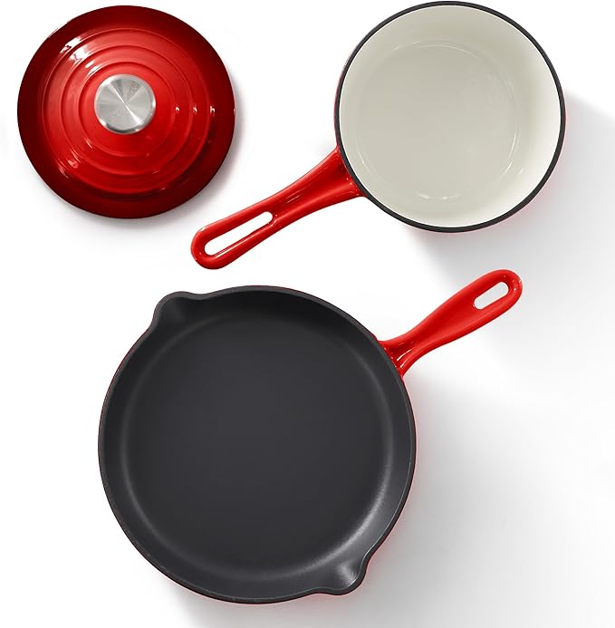 MegaChef 7 Piece Enameled Cast Iron Cookware Set in Red