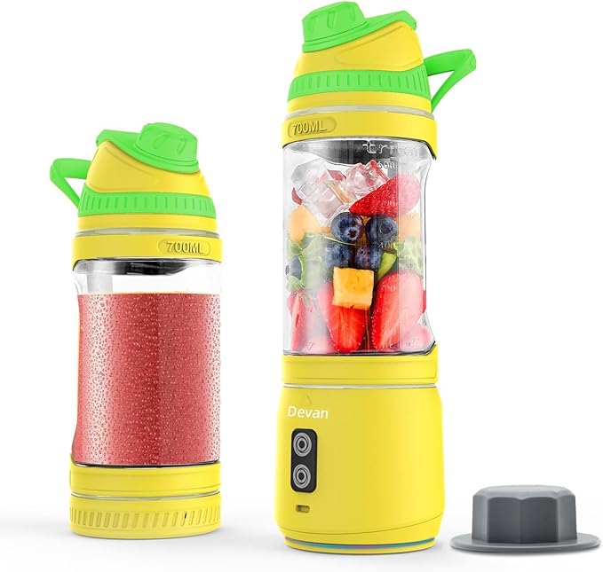 Portable Blender Anti-Jamming 300 Watt for Shakes and Smoothies 24oz Travel Blender USB Rechargeable BPA Free Sporty bottle with a Travel Lid. (Black Base Grey Lid) (Yellow Base Green Lid)