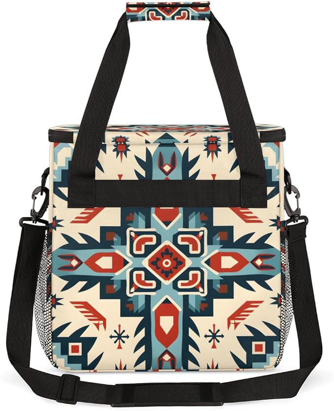 Geometry Flower Coffee Maker Carrying Bag Traditional Aztec Travel Storage Bag Compatible with K-Mini or K-Mini Plus Single Serve Coffee Brewer Carrying Case with Multiple Pockets &amp Shoulder Str
