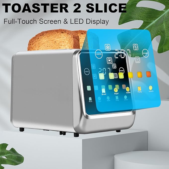 Touch Screen Toaster 2 Slice Bagel Toasters with LCD Display Stainless Steel Smart Digital Toasters with Single Slot ToastingExtra Wide Slots Toaster with Memory/Bagel/Defrost/Reheat Functions