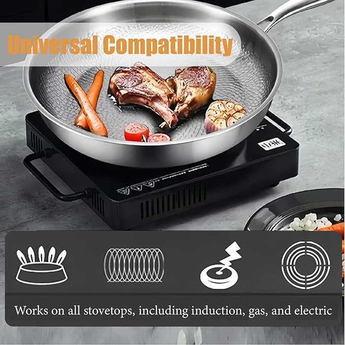 Titanium Frying Pan Titanium Hammered Cookware Set Pro Pure Titanium Frying Cookware Pan With Lid For Cooking Suitable For All Stovetops No Coating | Non-Stick (With lid 12.6in)