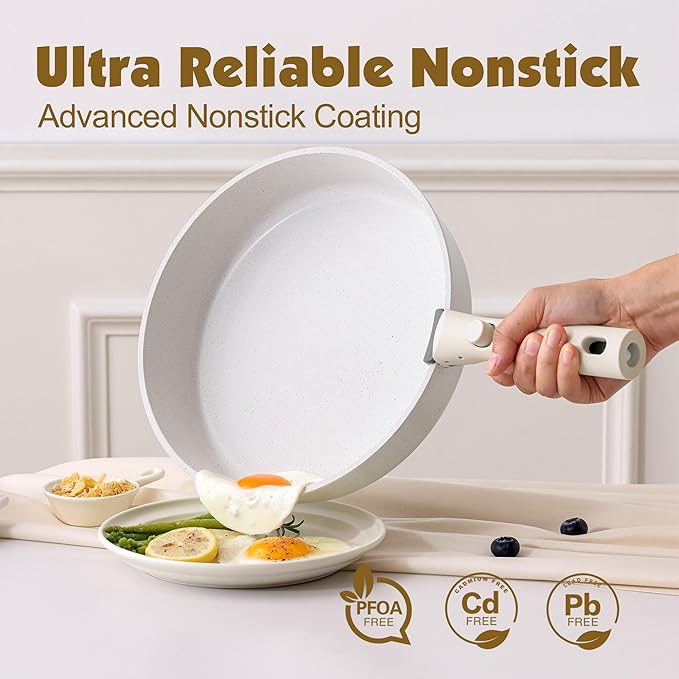 SENSARTE 17 Piece Pots and Pans Set Nonstick Detachable Handle Cookware Set Induction Kitchen Cookware Set with Removable Handle Healthy Non Stick for RV Dishwasher ＆ Oven Safe PFOA Free (White)