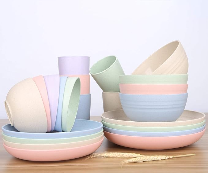 LuckyZone Wheat Straw Dinnerware Sets for 4 (Reusable Plates Bowls &amp Cups) - Lightweight Unbreakable Dinner Camping Dishes - Dishwasher &amp Microwave Safe Eco Friendly(12Pcs/Beige)