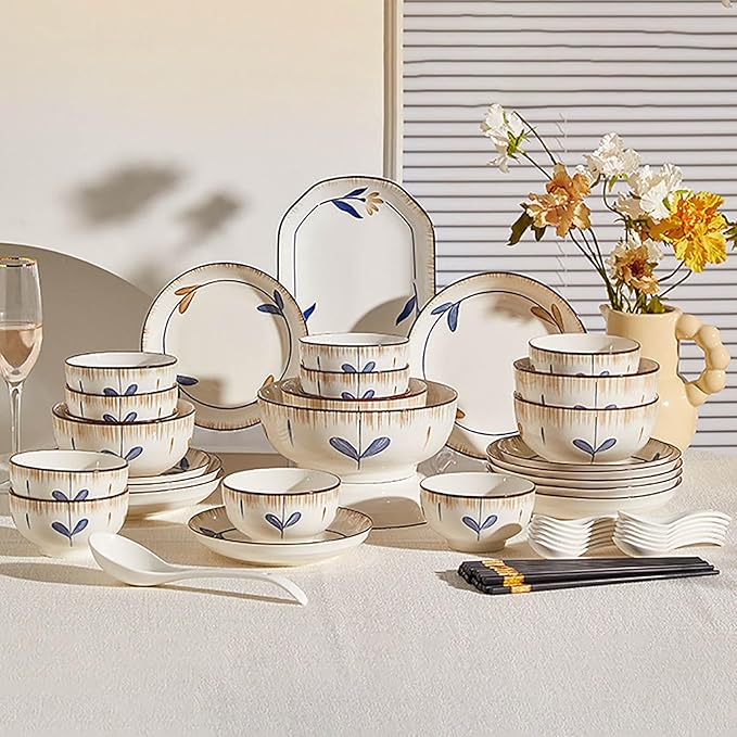 63 Pieces Dish Plates and Bowls Sets Literary Retro Style Dinner Set Thick and Anti-Scald Dish Sets Easy to Clean Dinnerware Sets Easy to Heat Microwave and Oven Safe Service for 12 People