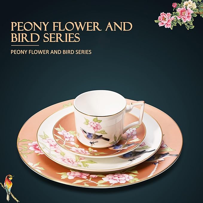 16-Piece Dinnerware Sets Round Dinner Plates Coffee Cup and Saucer Set bird and flower pattern dishes set Scratch Resistant Lead-Free Oven and Dishwasher Safe