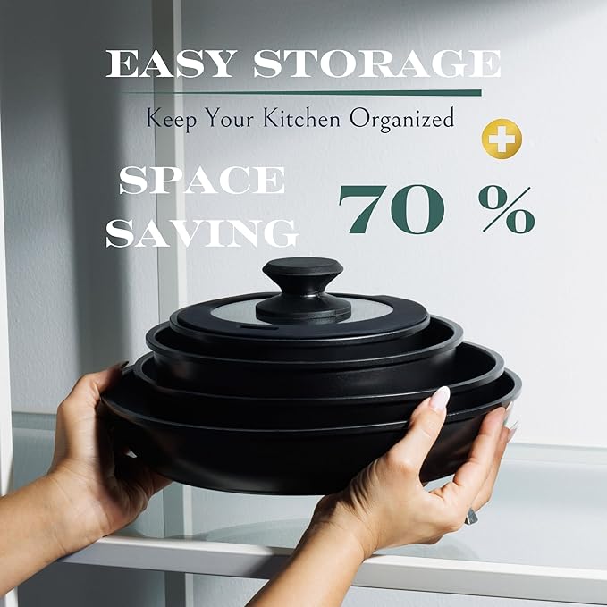 Moss &amp Stone 10pcs Black Pots and Pans Set Non Stick Cookware Sets Detachable Handle RV Kitchen Set Removable Handle Oven Safe Induction Ready Stackable Non-stick Set Camping Cookware Set