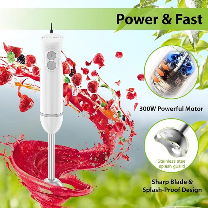 Bonsenkitchen Immersion Hand Blender 2-Speed Electric Stick Mixer Portable Blender for Smoothies Soup &amp Baby Food with Stainless Steel Blades Easy Clean White